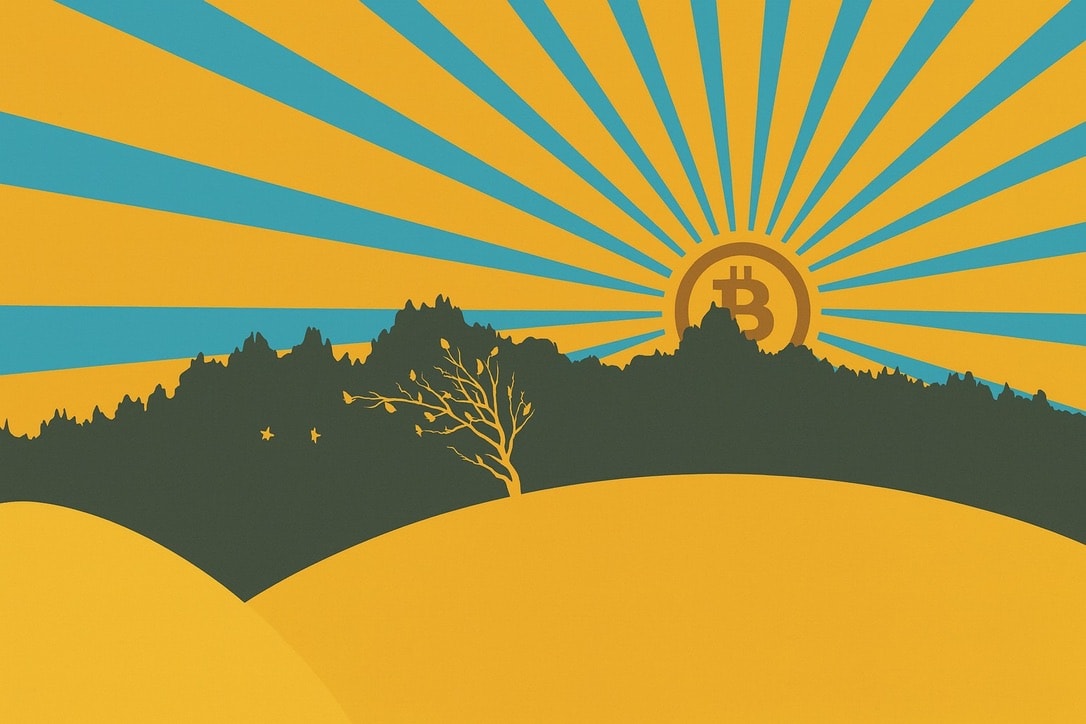 Paisagem do Alentejo com raios de sol, uma árvore e o símbolo Bitcoin