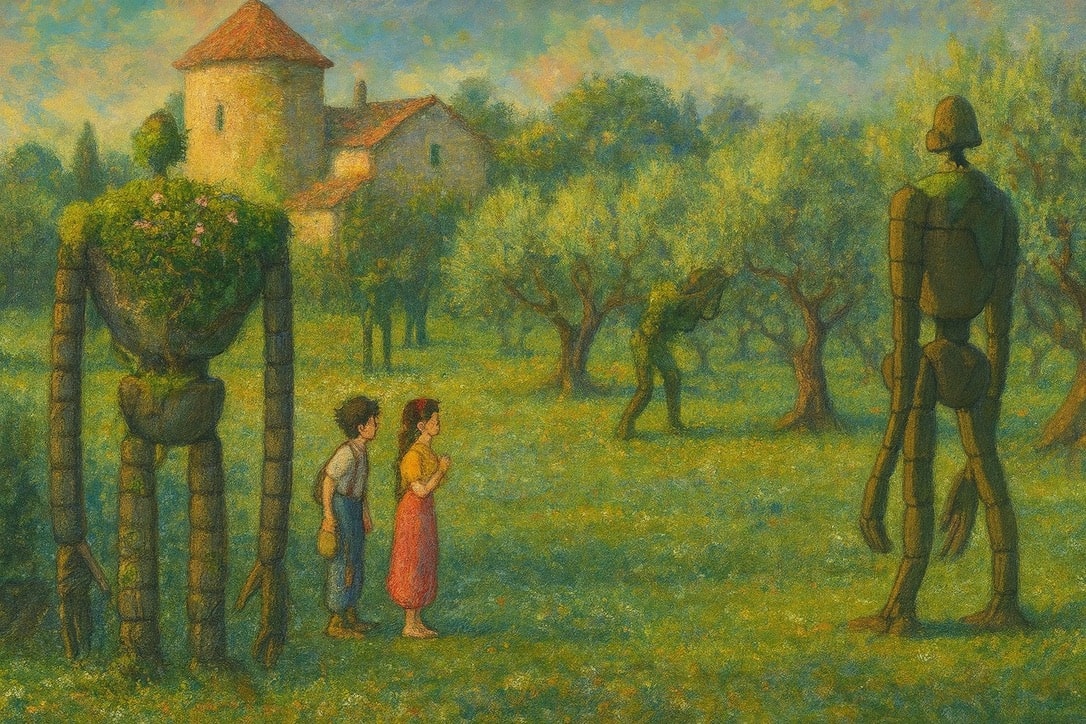 Ilustração da Horta do Baldio com olival, casa, crianças e figuras robóticas